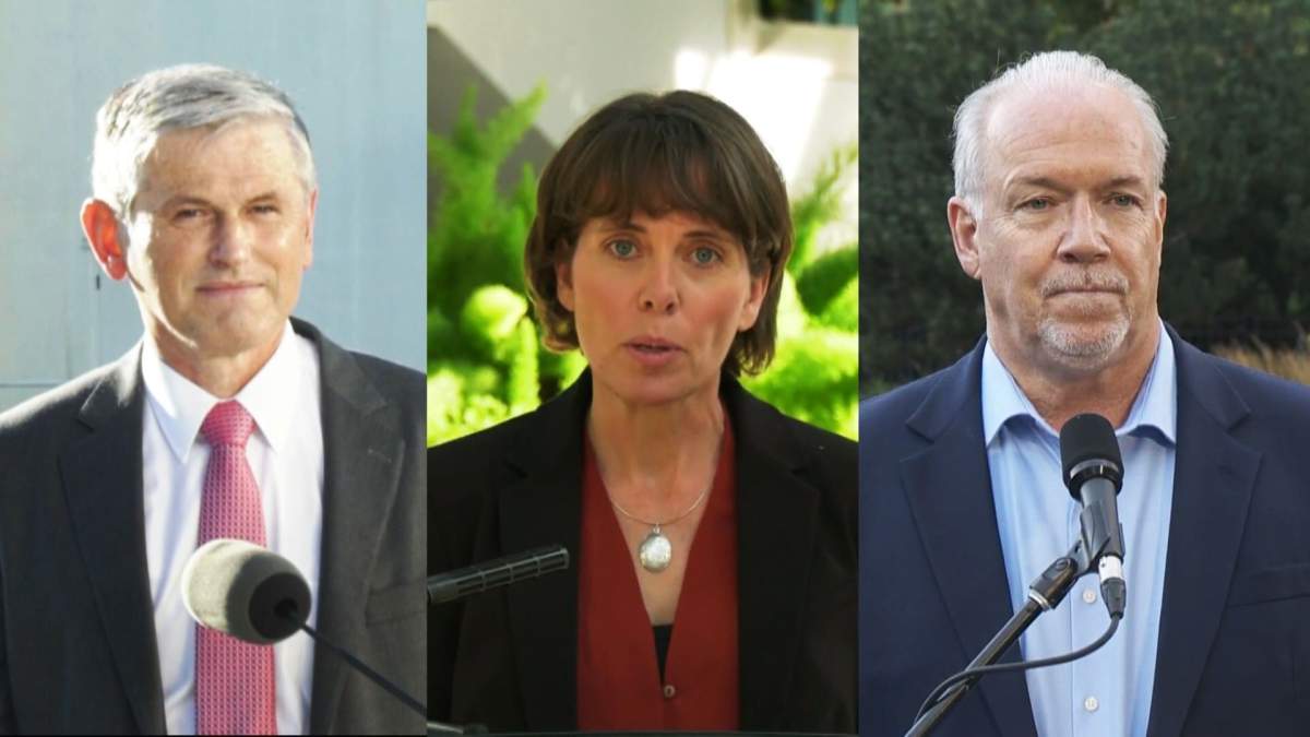 Liberal leader Andrew Wilkinson, Green Party leader Sonia Furstenau and NDP leader John Horgan. 