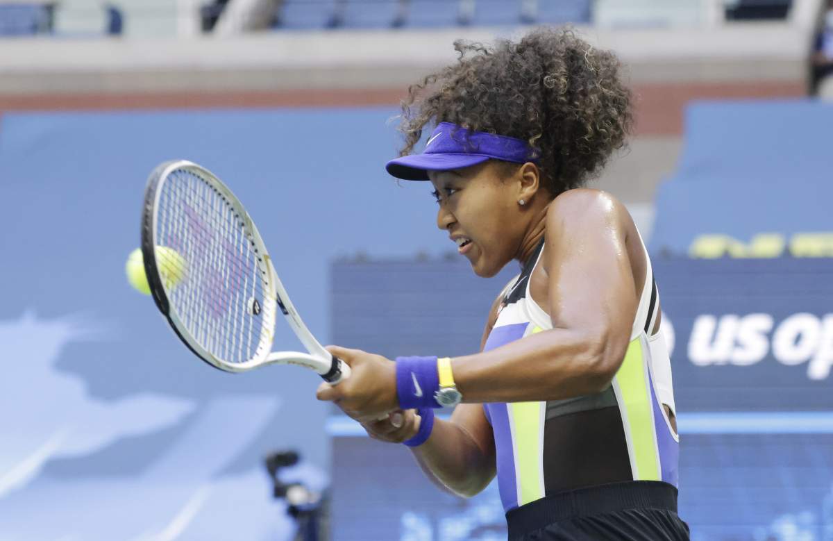 Naomi Osaka of Japan hits a return to Victoria Azarenka of Belarus during the Women's Final match on the thirteenth day of the US Open Tennis Championships the USTA National Tennis Center in Flushing Meadows, New York, USA, Sept.12 2020. 