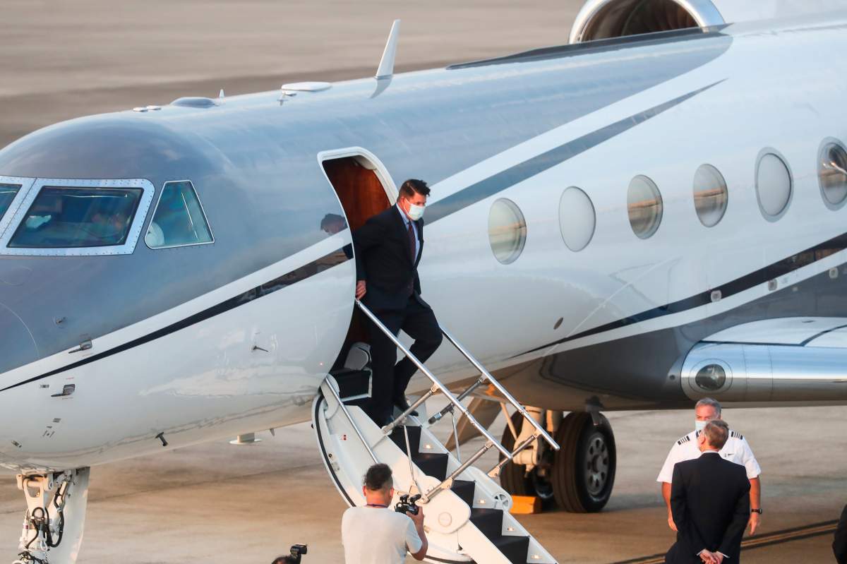U.S. Under Secretary of State Keith Krach exits a plane upon arrival at the air force base airport in Taipei. Taiwan on Thursday, Sept. 17, 2020.