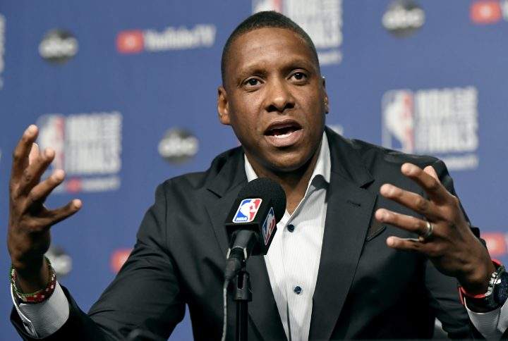 Masai Ujiri speaks to media during an availability in Toronto on Wednesday, May 29, 2019.