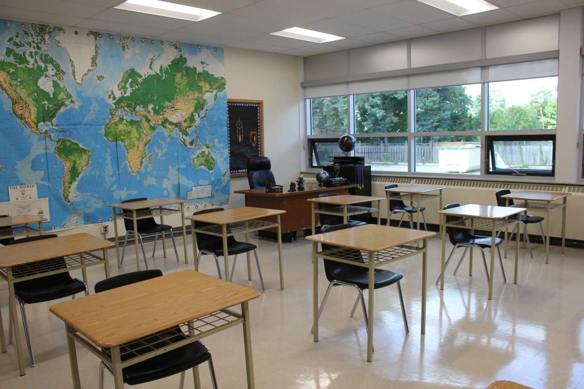 A geography classroom at Ancaster high with 15 students desks, 2 m apart.