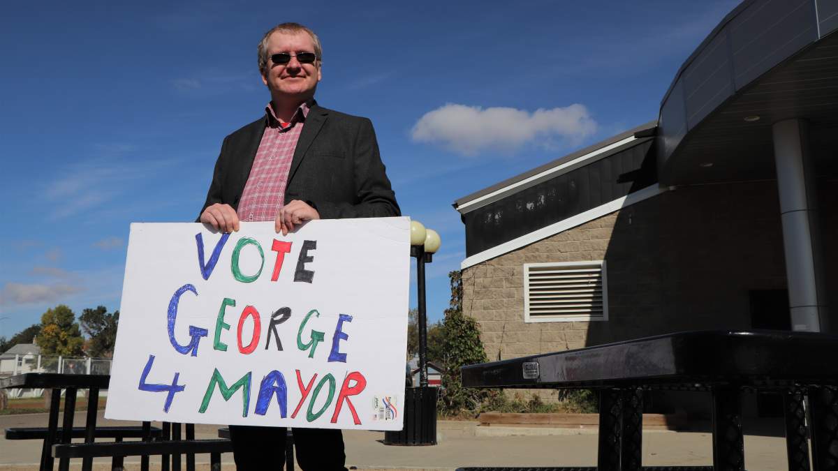 George Wooldridge officially announced his bid for Regina mayor on Regina. Wooldridge, who is the eight person to announce his run for mayor, showed up to the press conference in front of the Prince of Wales Library with a sign he made himself that reads “Vote George 4 Mayor”.
