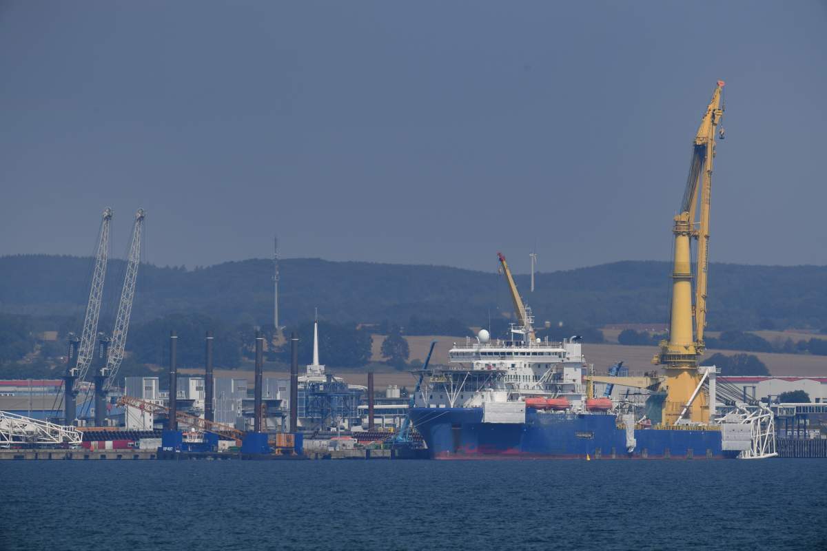 10 August 2020, Mecklenburg-Western Pomerania, Sassnitz-Mukran: The Russian laying ship “Akademik Tscherski” is moored in the port of Mukran on the island of Rügen. The special ship is being prepared in the port for its deployment for the further construction of the Nord Stream 2 Baltic Sea pipeline. Photo: Stefan Sauer/dpa-Zentralbild/dpa (Photo by Stefan Sauer/picture alliance via Getty Images)