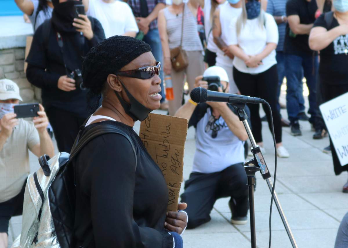 Caleb Tubila Njoko’s Mother Nelly Wendo speaking to supporters at the London Black Lives Matter protest about her sons death June 6, 2020