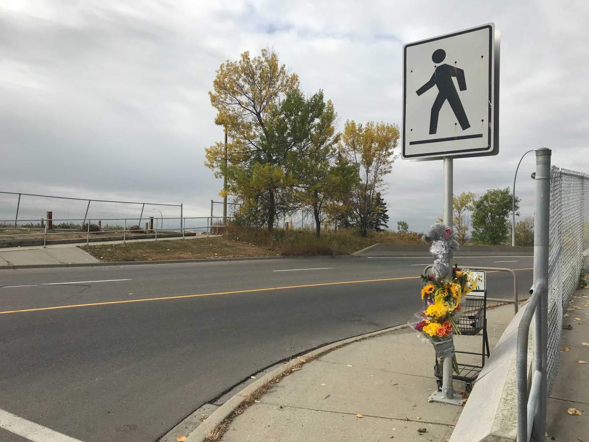 A makeshift memorial is seen at the scene of a fatal motorcycle crash on Calgary’s Barlow Trail.