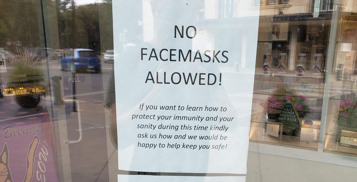 This photo shared online shows an anti-mask sign posted at a Saskatoon business downtown.