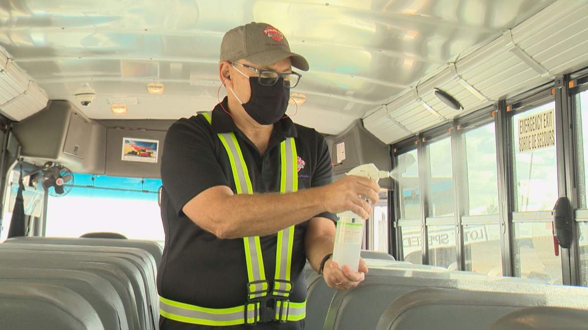 Regina Public Schools has mandated masks for everyone on board a school bus. Drivers will also spray Vitol Oxide between uses