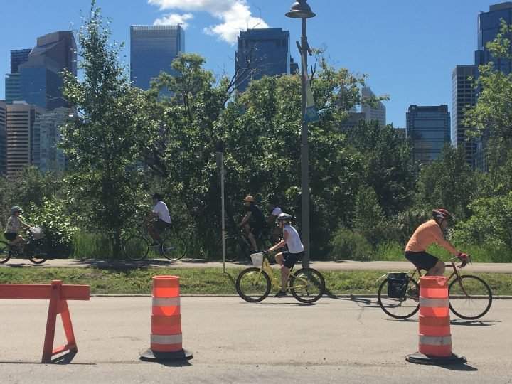 A cyclist travels on Memorial Drive in Calgary during a temporary lane closure put in place during the COVID-19 pandemic. 