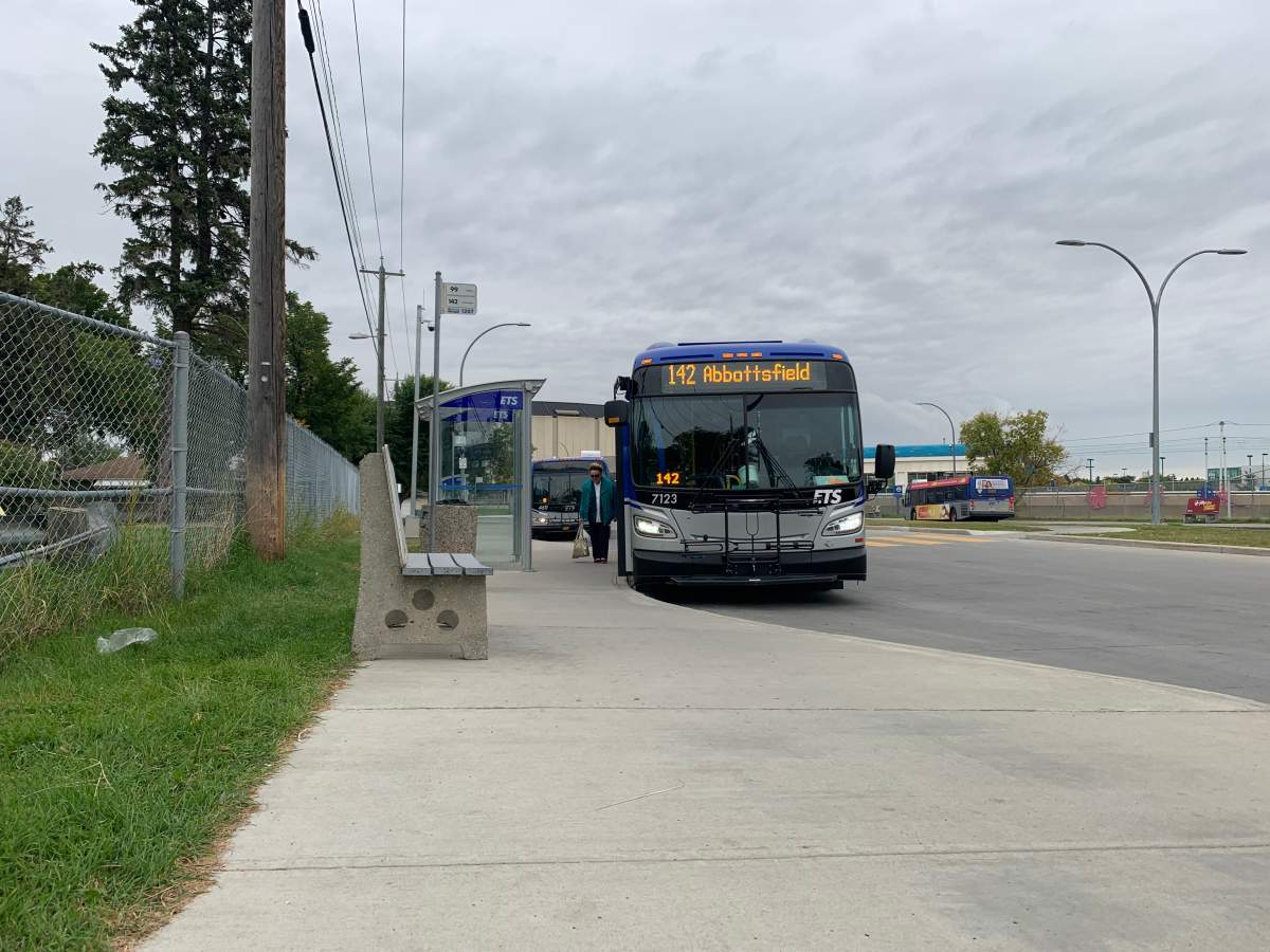 A shot of a bus near Northlands Coliseum on Sunday, Sept. 13, 2020. Edmonton police said a man reported he was stabbed in the area before boarding a bus Sunday morning. 