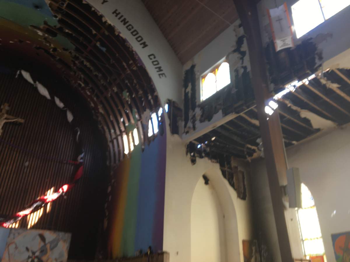 Damage inside the Sacred Heart Catholic Church of the First Peoples, located in the McCauley neighbourhood in the area of 108 Avenue and 96 Street, after a fire Sunday, Aug. 30, 2020.