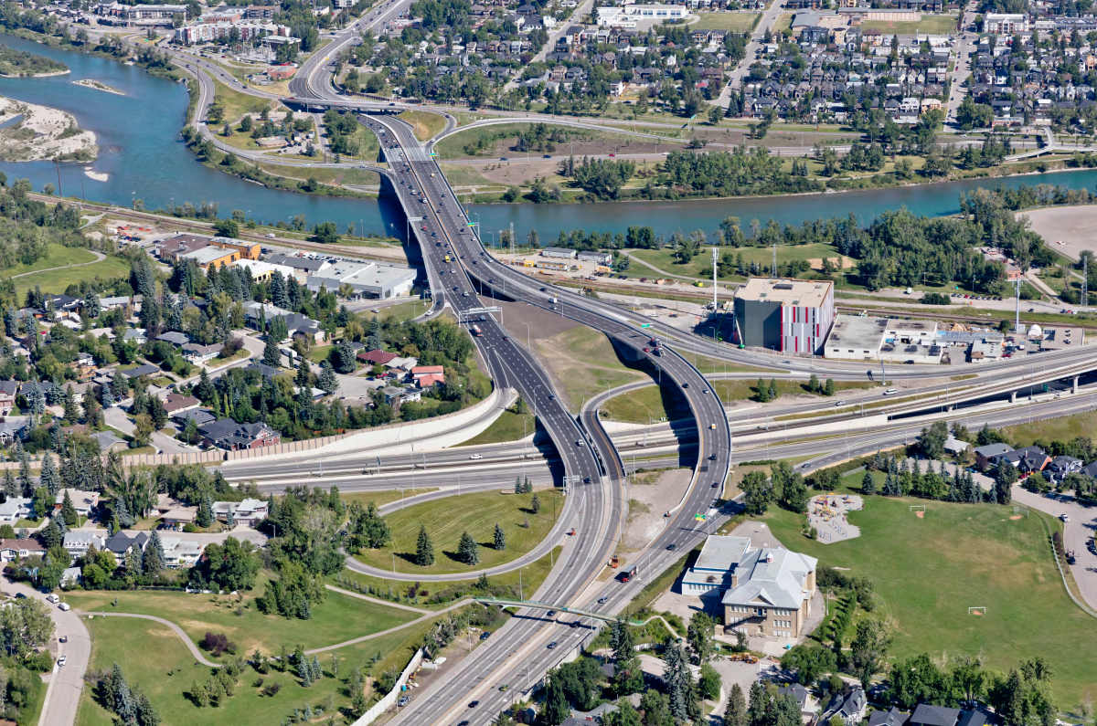 An aerial view of the new Crowchild Trail crossing the Bow River and Bow Trail following a $87-million, 3-year project.