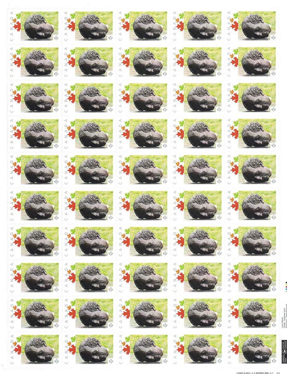 A sheet of stamps ordered by federal employee James Bone showing a picture of the detached head of a John A. Macdonald statue that was toppled in Montreal.
