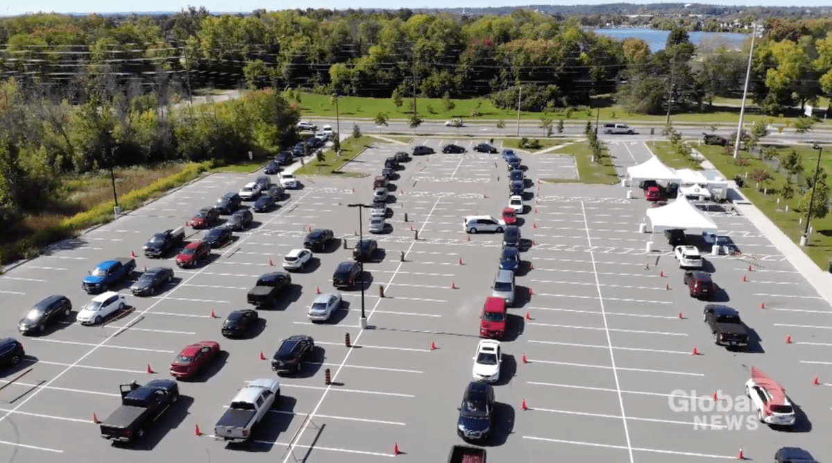 Vehicles line up at the COVID-19 drive-thru testing centre in Peterborough on Monday, Sept. 21. Testing will move inside to Northcrest Arena on Oct. 26.