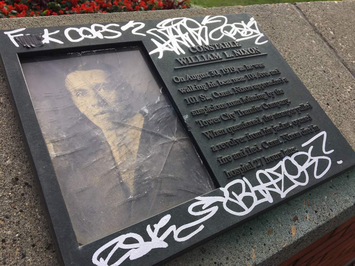 A plaque dedicated to fallen EPS Const. William Nixon was covered in graffiti Friday, Sept. 4, 2020.