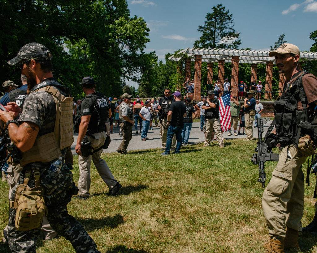 An online threat from the supposed leader of Antifa called for the burning of American flags on the grounds of the Gettysburg National Military Park where militias and other white nationalists assembled to protect the historic grounds in Gettysburg, Penn., on July 4, 2020.