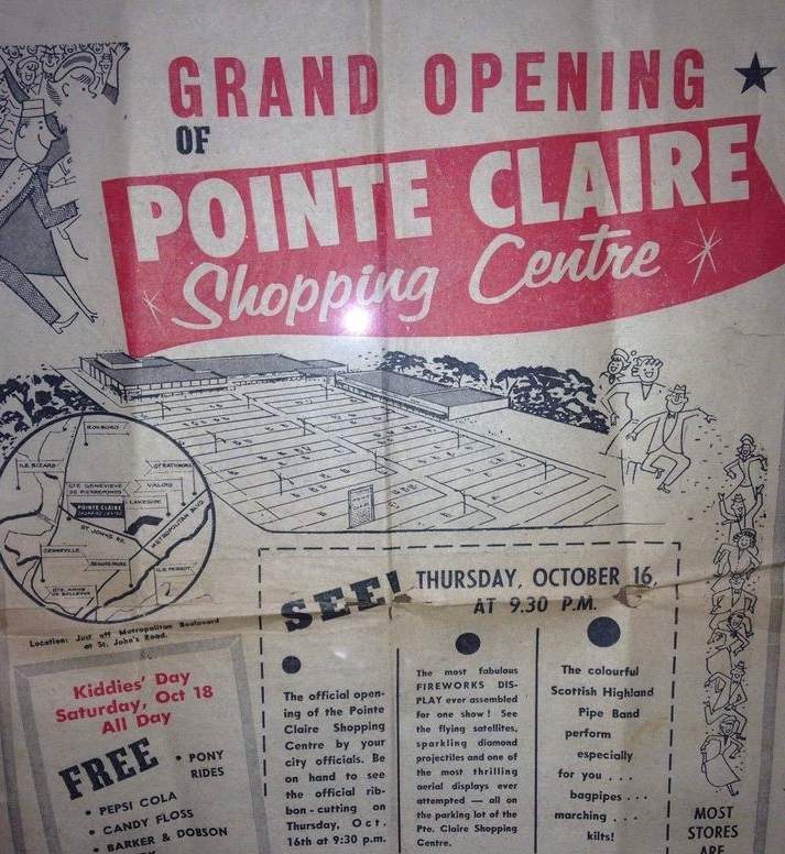 A newspaper ad from 1958 to advertise the opening of Plaza Pointe-Claire, known then as the Pointe-Claire shopping centre.