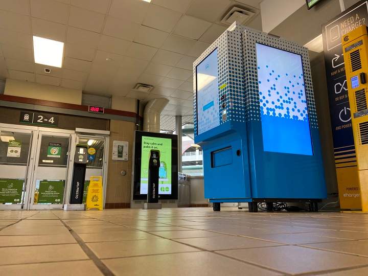 A personal protective equipment vending machine that sells masks, disposable gloves, hand sanitizer etc. at Oakville GO Station.