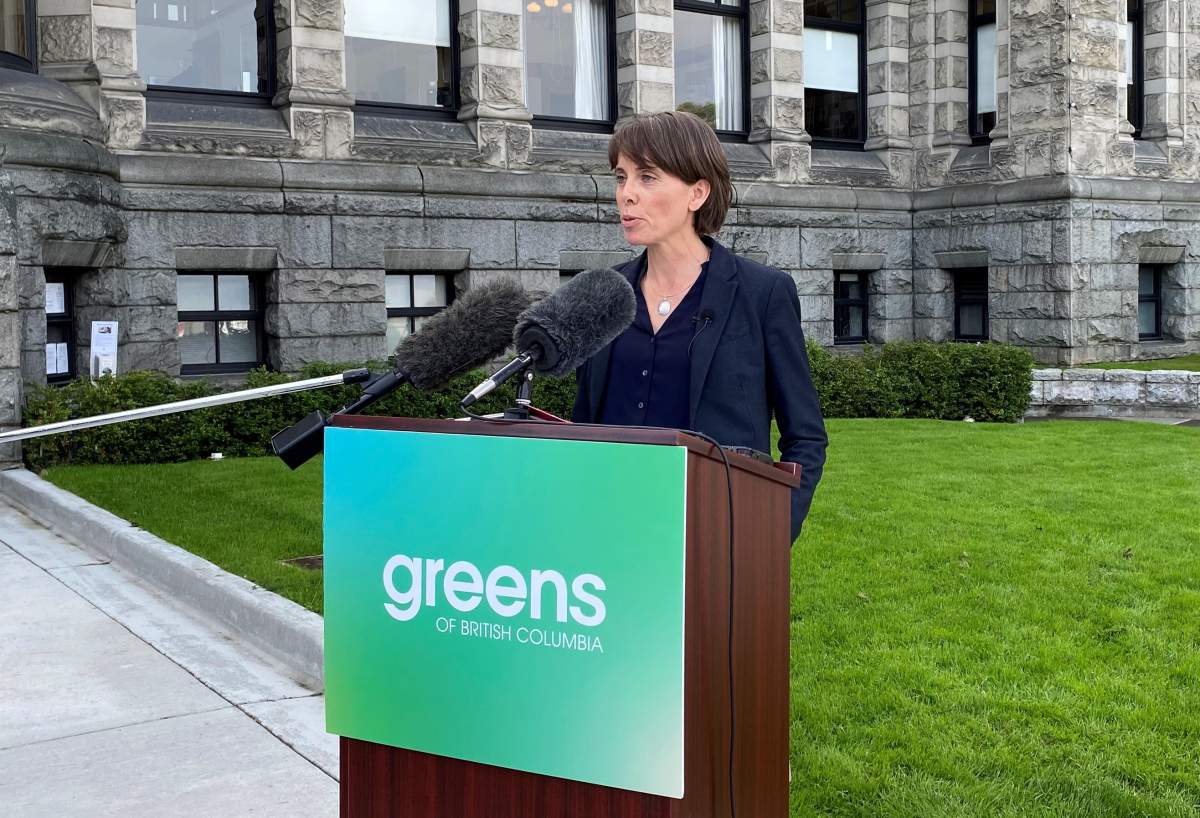 B.C. Green Leader Sonia Furstenau speaks during a press conference outside the legislature in Victoria on Monday, September 21, 2020.