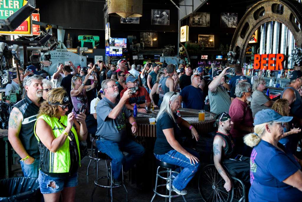 People watch a concert at the Full Throttle Saloon during the 80th Annual Sturgis Motorcycle Rally in Sturgis, S.D. on Aug. 9, 2020.