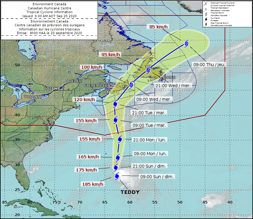 The track of hurricane Teddy as of Sept. 20 at 9:00 a.m. AT.