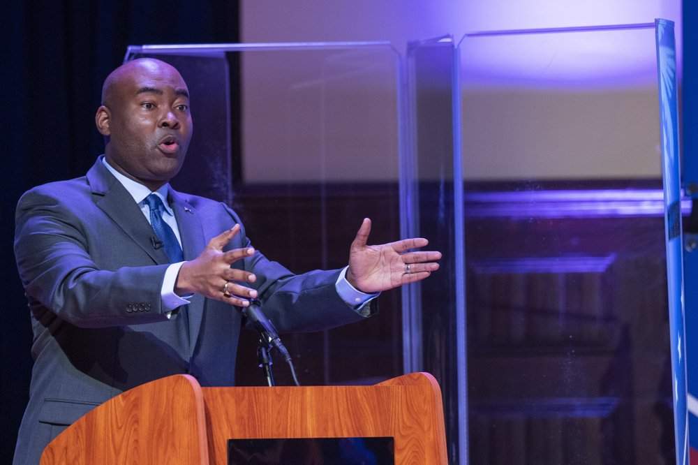 Democratic challenger Jaime Harrison speaks during the South Carolina U.S. Senate debate with Sen. Lindsey Graham, R-S.C., at Allen University in Columbia, S.C., Saturday, Oct. 3, 2020. 