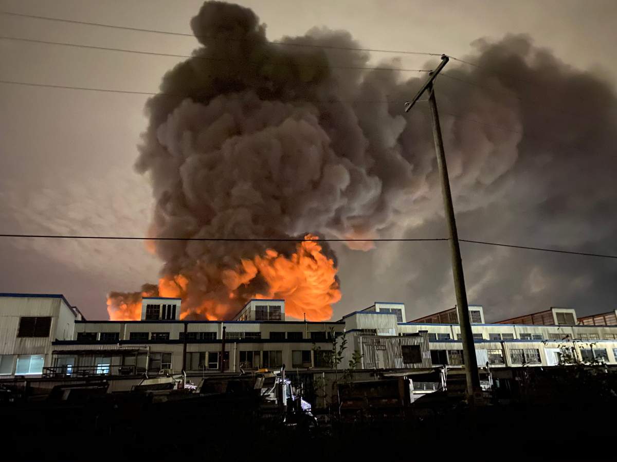 A huge fire burning in an industrial area of New Westminster’s Queensborough neighbourhood Monday evening.