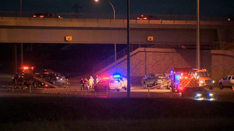 Emergency crews respond to a two-vehicle crash north of Calgary on Highway 2 on Oct. 27, 2020.