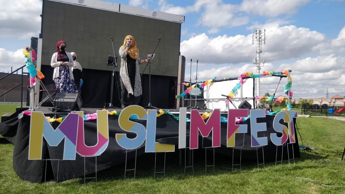 Performers on stage at a drive-in MuslimFest event in Toronto in September 2020.