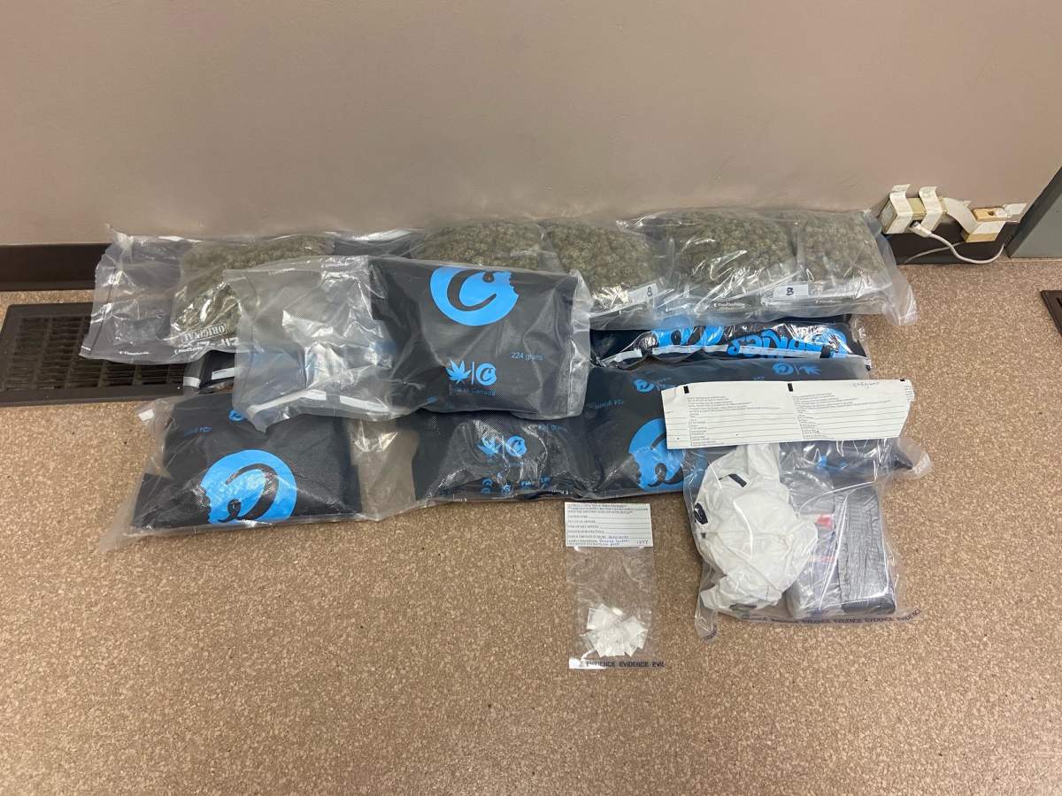 Saskatchewan RCMP said 850 grams of cocaine and seven pounds of cannabis were seized during a traffic stop near Kindersley on Oct. 21, 2020.