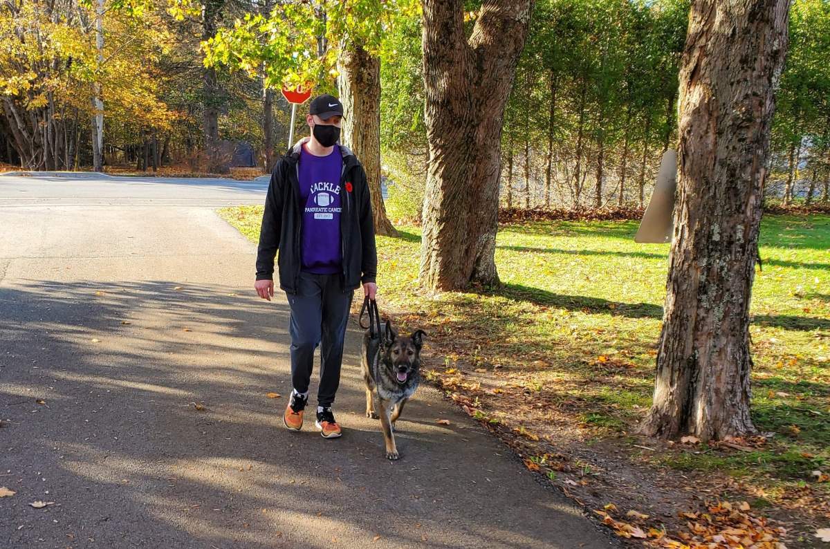 New Brunswicker Alex walks his dog Freddie in a fundraiser for pancreatic cancer. 