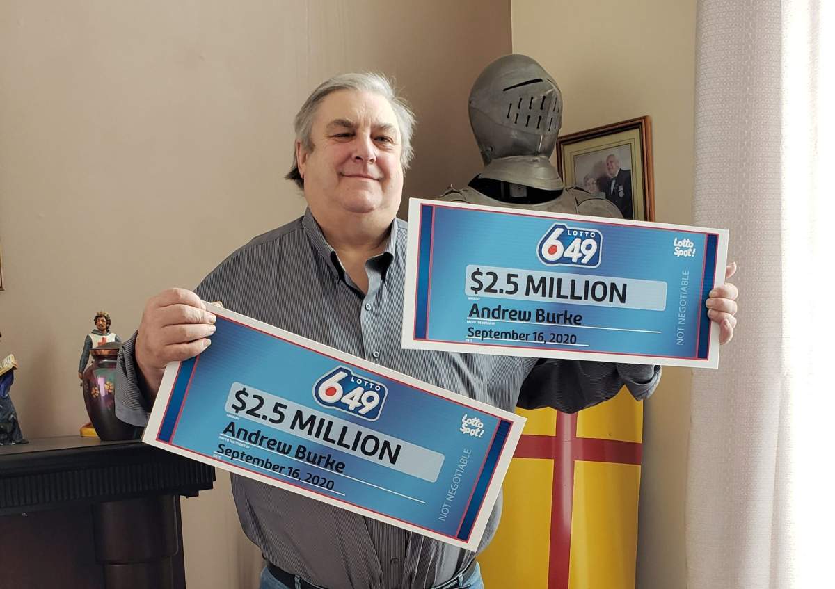 Andrew Burke, of Calmar, Alta., had to "split" a $5 million Lotto 6-49 prize with himself after he accidentally bought two tickets. 