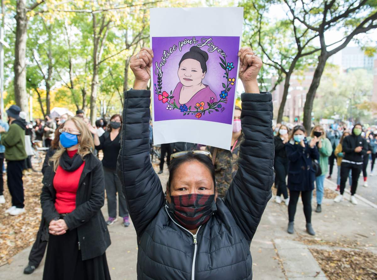 People take part in a protest called ‘Justice for Joyce’ in Montreal, Saturday, October 3, 2020, where they demanded Justice for Joyce Echaquan and an end to all systemic racism.