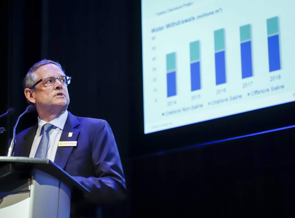 Husky Energy president and CEO Rob Peabody addresses the company’s annual meeting in Calgary, Friday, April 26, 2019.