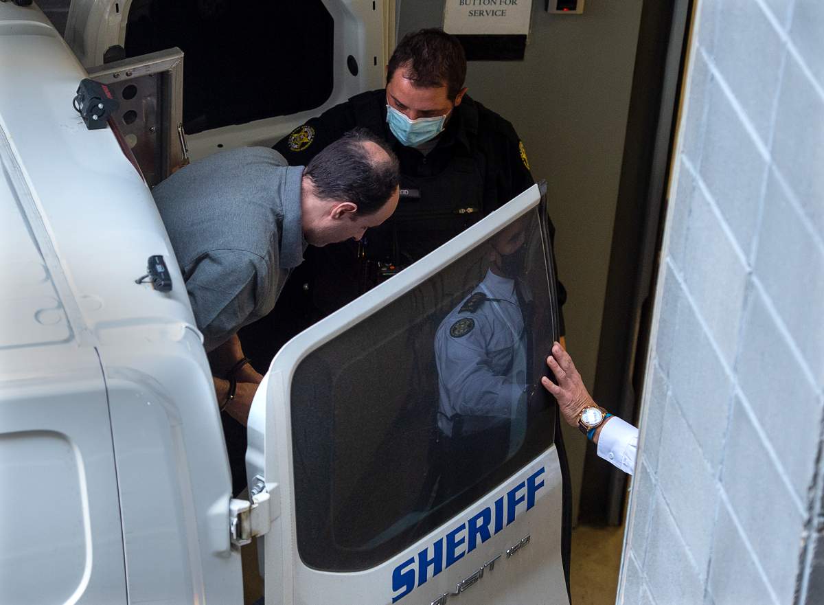 Matthew Vincent Raymond arrives at Court of Queen's Bench for the opening of his murder trial in Fredericton on Tuesday, Sept. 15, 2020.