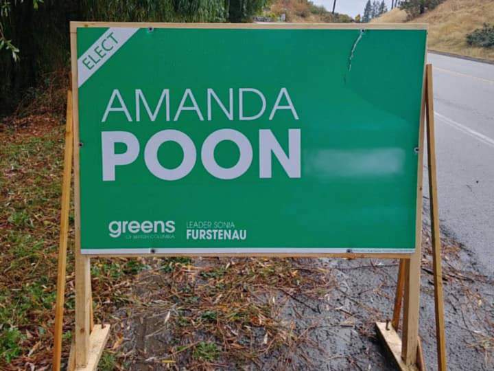 B.C. Green Party candidate Amanda Poon, who is running for election in the riding of Kelowna-Mission, says some of her election signs were recently vandalized, including the one above. The vandalism in this photo has been blurred.