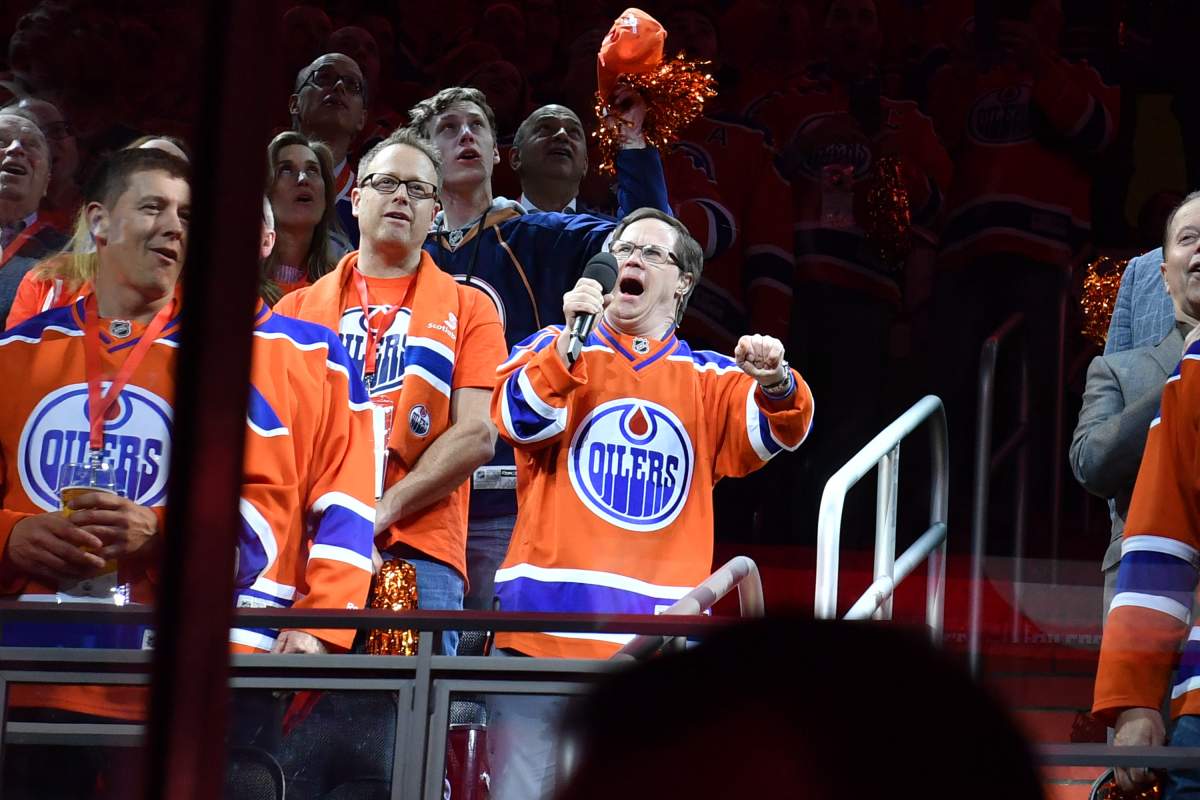Joey Moss sings the national anthem prior to Game Five of the Western Conference First Round during the 2017 NHL Stanley Cup Playoffs between the Edmonton Oilers and the San Jose Sharks on April 20, 2017 at Rogers Place.