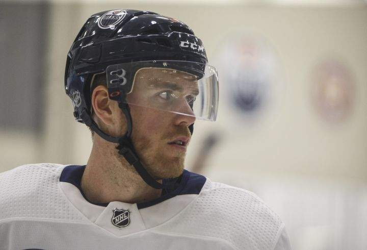 Edmonton Oilers' Connor McDavid (97) takes part in practice for the upcoming return of NHL hockey in Edmonton, on Thursday, July 23, 2020. 