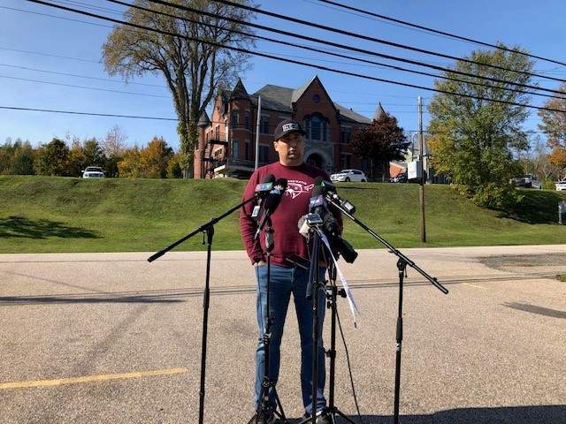 Chief Michael Sack of the Sipekne'katik First Nation addresses the media on Oct. 15, 2020. 