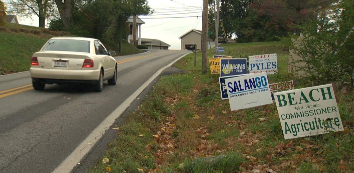 Signs line the streets of Morgantown, W.Va., but Trump and Biden signs are few and far between.