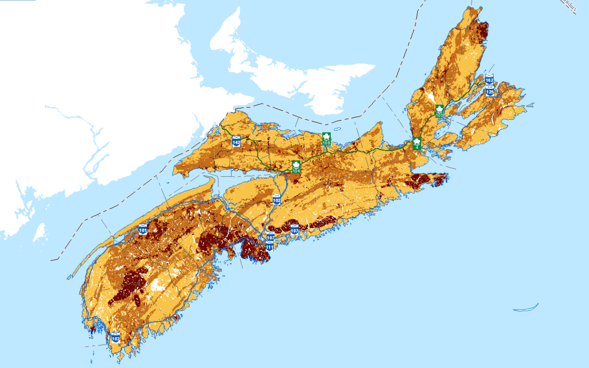 Image shows areas of Nova Scotia where people are more likely to be exposed to radon in indoor air.