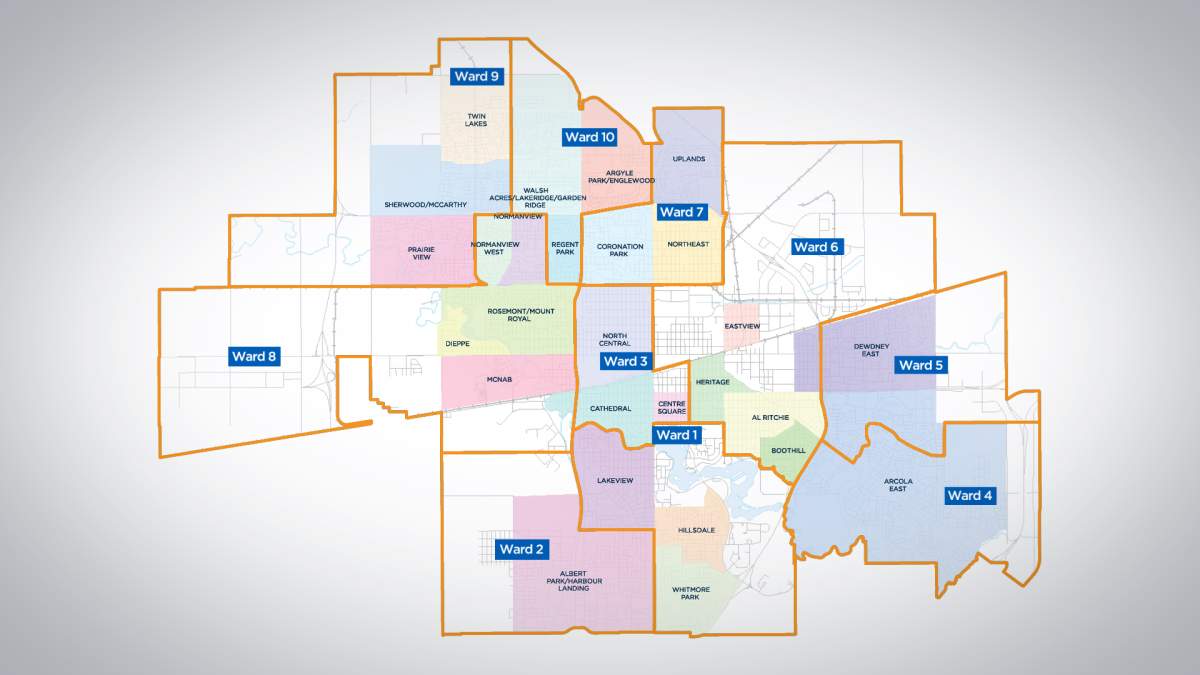 A map of Regina's 10 wards for the 2020 municipal election.