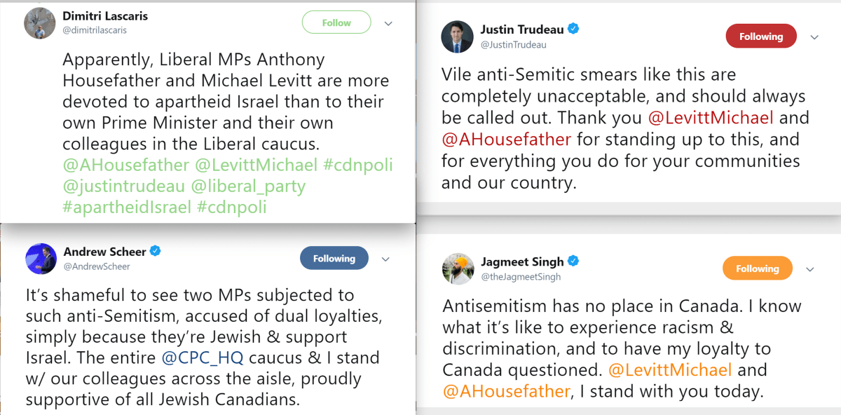 These posts appeared on the Twitter platform in 2018. The tweet from Green Party leadership candidate Dimitri Lascaris, upper left, appeared first. The other three were a response to Lascaris\’ tweet.