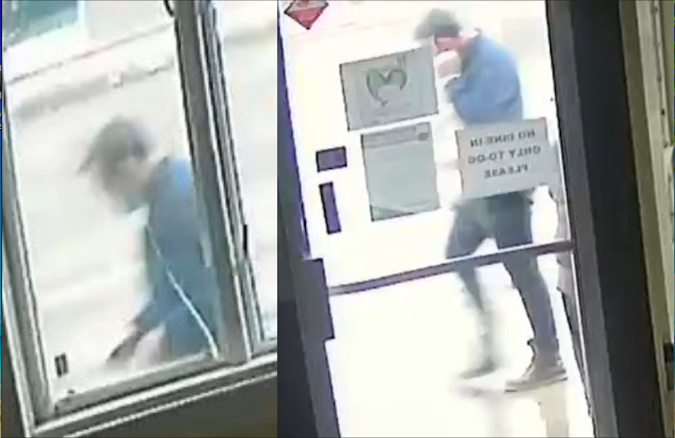 The suspect has been described by police as a man approximately 40 years old and approximately six feet tall and 200 pounds. He has black/grey hair and patchy facial hair, and was wearing a blue zip-up sweater and black jeans, and operating a white four-door sedan.