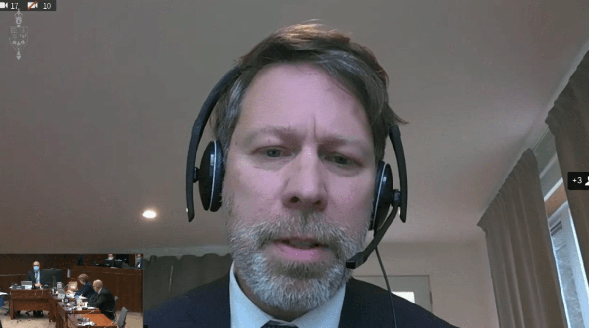 Canada's Chief Electoral Officer Stéphane Perreault testifies Thursday, Oct. 22, 2020 at a House of Commons committee. Perreault asked legislators to change federal law for an election in a time of pandemic.