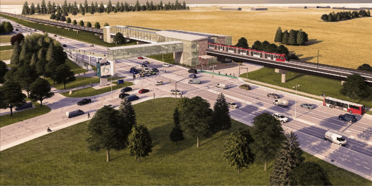 A rendering of the possible LRT station at Nepean Sportsplex as part of a proposed extension to Ottawa's light-rail transit system.
