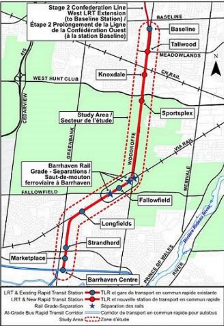 The proposed route for the Barrhaven light-rail transit extension, connecting Baseline Station to Barrhaven Town Centre.