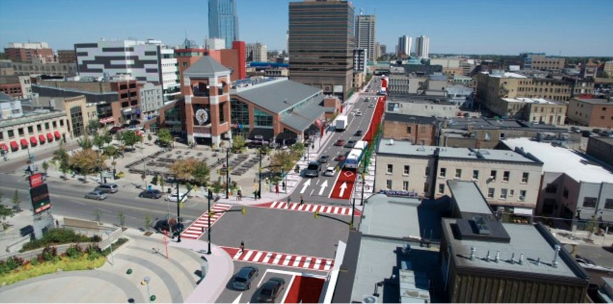 A 2020 rendering of the Downtown Loop portion of London's planned BRT system. The loop will frame Dundas Place and run buses along Queens Avenue, Ridout Street, King Street, and Wellington Street.
