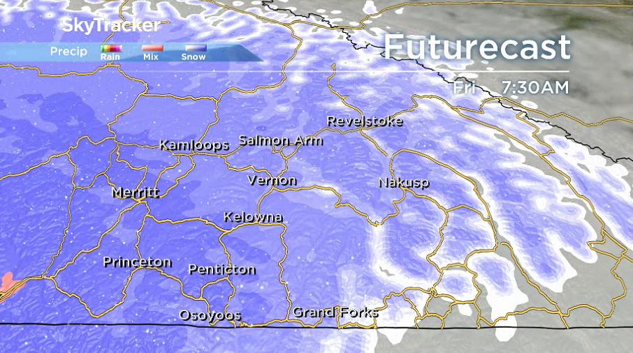 Snow begins falling in the Okanagan early Friday morning.
