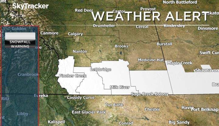 A map indicating where a snowfall warning was issued on Tuesday afternoon.