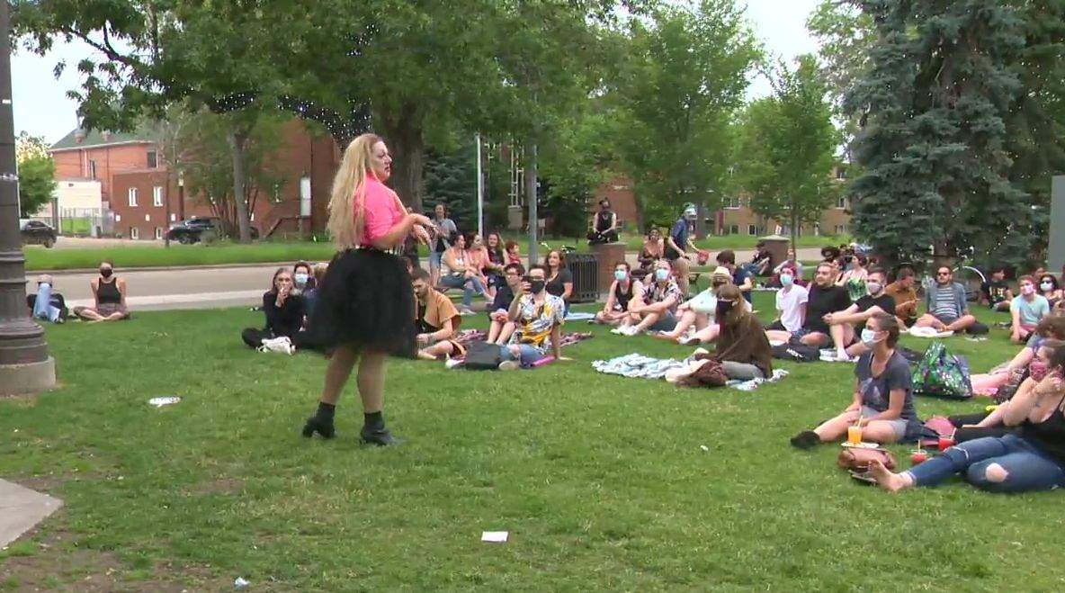 An outdoor drag show at Dr. Wilbert McIntyre Park in south Edmonton’s Old Strathcona area in July 2020.